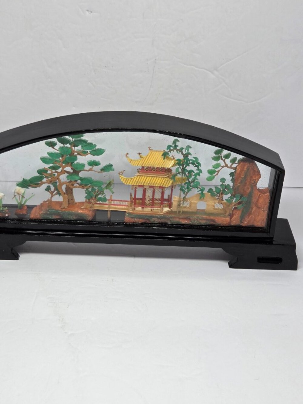 Chinese Miniature Pagoda Diorama‎ in Arched Glass Display Case Black Frame 11"